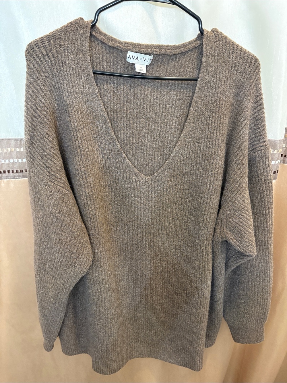Ava & Viv Taupe Ribbed V-Neck Sweater